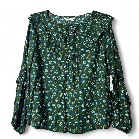Floral Blouse Womens 4X Green Ruffle Long Sleeve Tie Neck NWT Plus - Picture 2 of 10